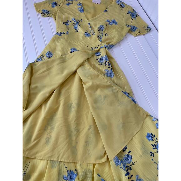 Cinq À Sept Wrap Floral Dress Yellow & Blue Short Sleeve Asymmetrical Ruffle 4 - Picture 6 of 7